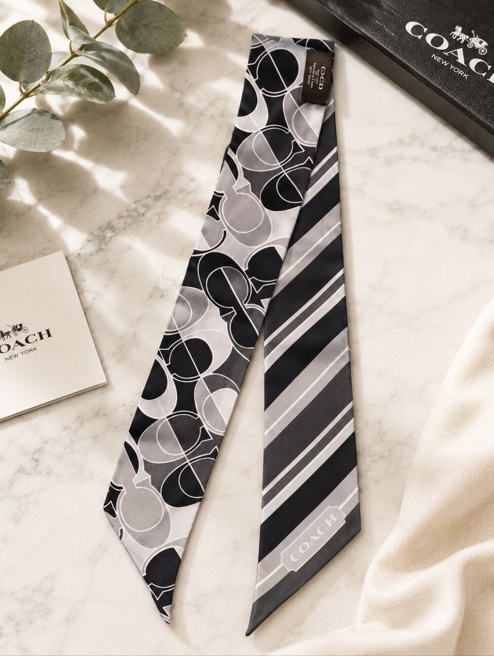 Coach Black and Gray Signature Silk Twilly Scarf